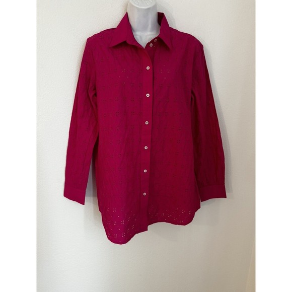 Gap Eyelet Embroidered Fushia Pink Long Sleeve Oversized Button Up Blouse Top S - Picture 1 of 7